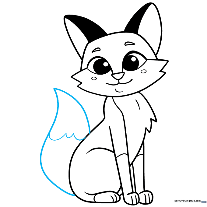 Drawing the large, bushy fox tail with scalloped fur details