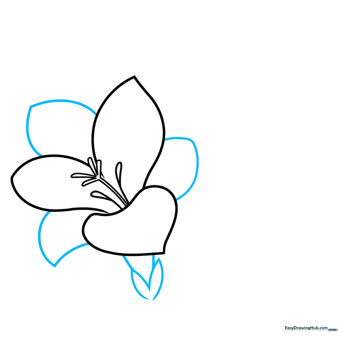 Adding remaining petals and the base sepals to the first freesia bloom.