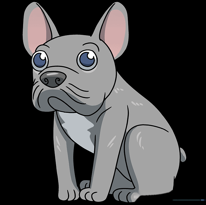 A fully colored, cute cartoon French Bulldog drawing.