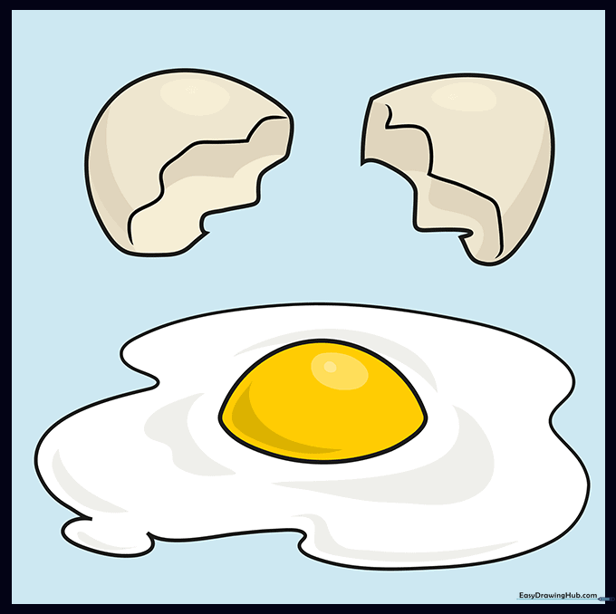 The finished, colored drawing of a fried egg with a bright yellow yolk and broken shell pieces.