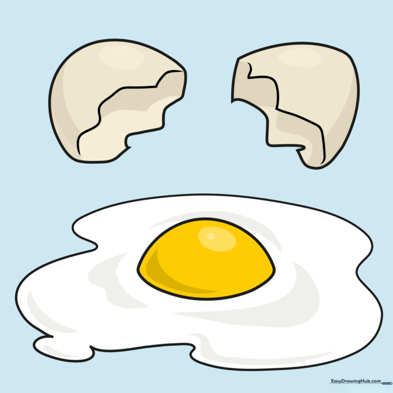 A vibrant, finished illustration of a sunny-side-up fried egg next to its cracked shell, ready for coloring.