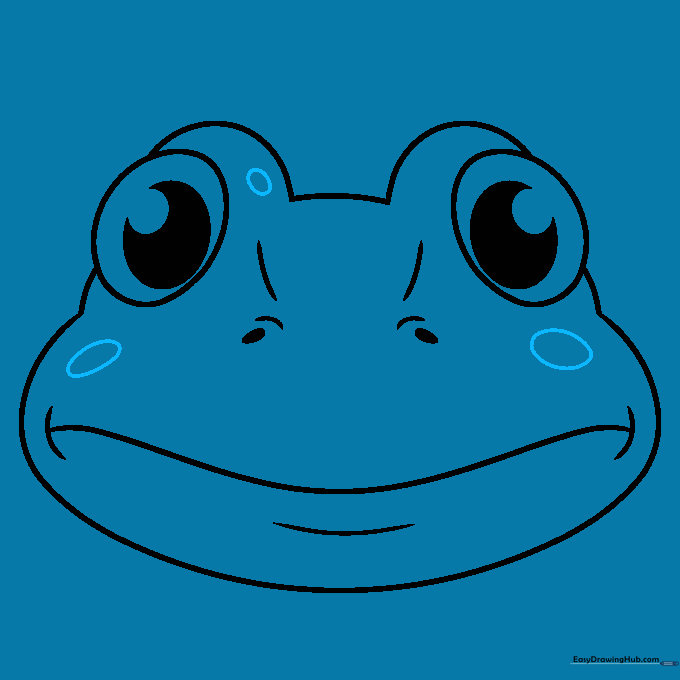 Drawing small oval spots on the frog cheeks to add texture.