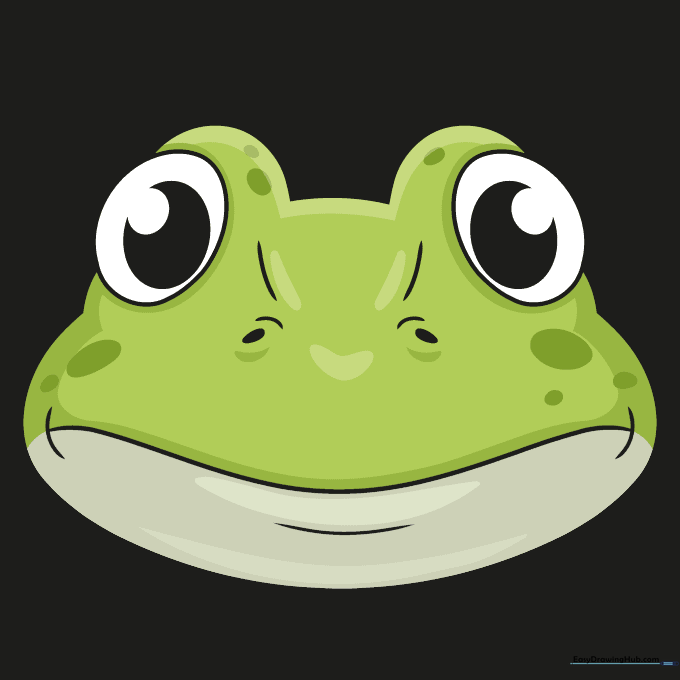 A fully colored, vibrant cartoon frog face with green skin and detailed spots.