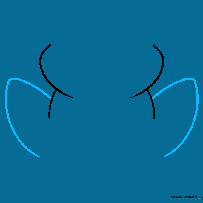 Step 2 drawing showing the addition of two curved, pointed back legs extending from the frog's body.