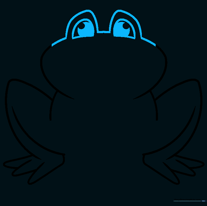 Drawing showing the addition of large, circular eyes with shaded pupils on the frog's head.