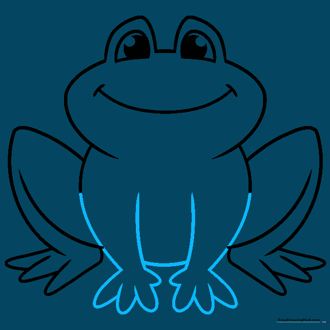 Drawing showing the addition of front arms and hands to the cartoon frog's body.