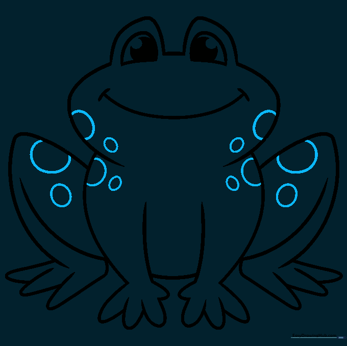 Drawing showing the completed frog outline with decorative spots added to the body.