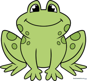 A colorful, friendly cartoon frog illustration, serving as the final goal for the drawing tutorial.