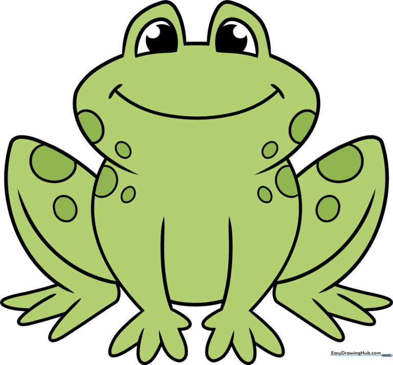 A colorful, friendly cartoon frog illustration, serving as the final goal for the drawing tutorial.