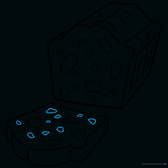 Completing the fruitcake drawing with final details on the slice.