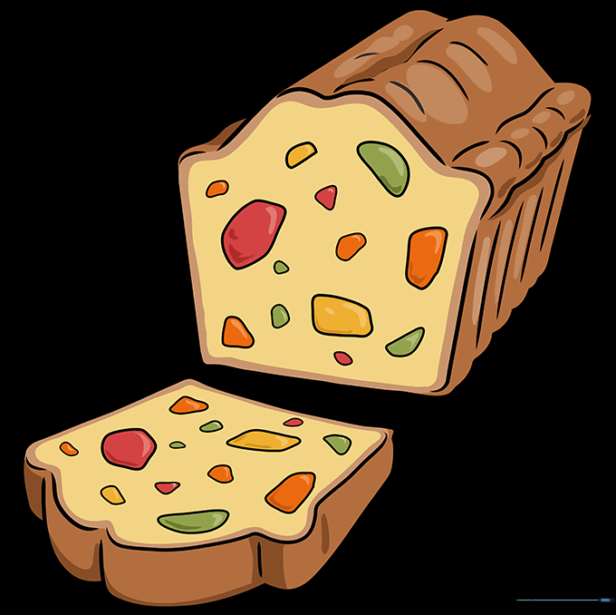 A fully colored, festive fruitcake drawing with vibrant fruit pieces.