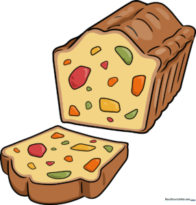 A colorful, finished illustration of a festive fruitcake with a slice removed.
