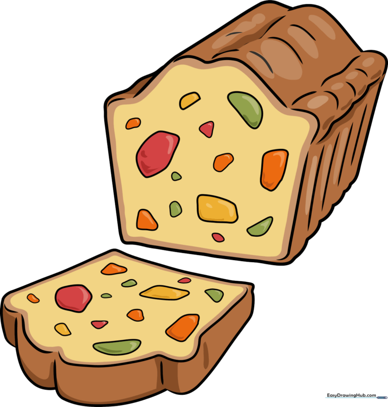 A colorful, finished illustration of a festive fruitcake with a slice removed.