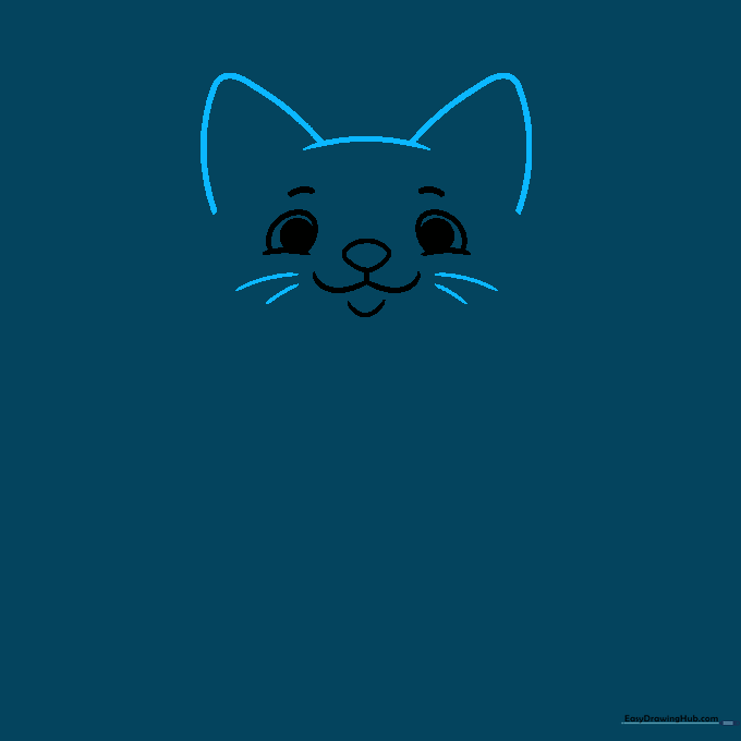 Drawing the cat's triangular ears and long whisker lines on the face.