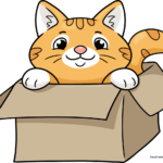 A colorful, finished illustration of a happy orange cat peeking out of a cardboard box.