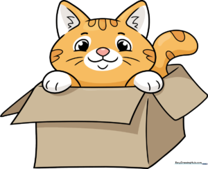 A colorful, finished illustration of a happy orange cat peeking out of a cardboard box.
