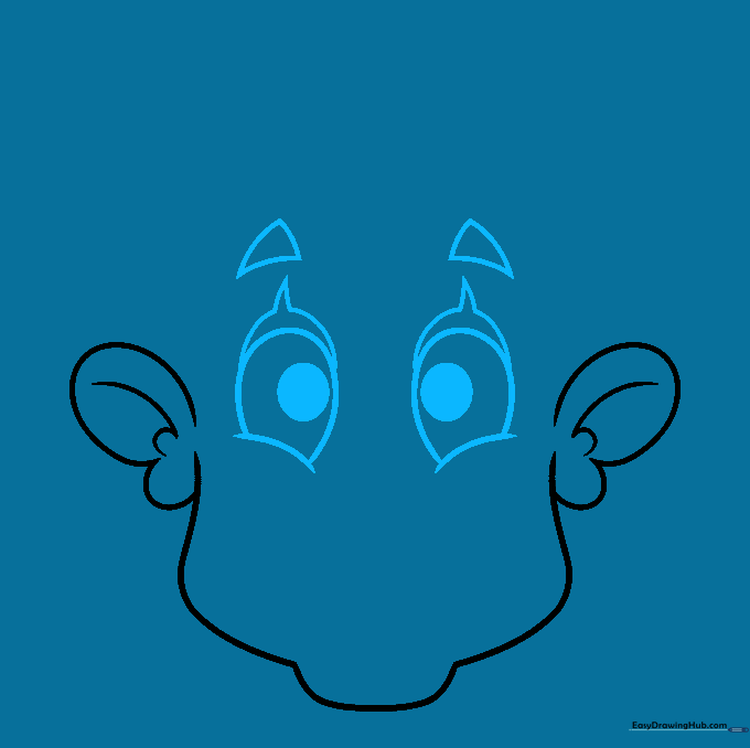 Drawing large cartoon eyes with pupils, eyelids, and triangular eyebrows.