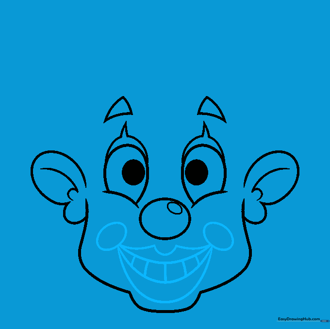 Drawing a wide, smiling mouth with teeth and round cheeks.