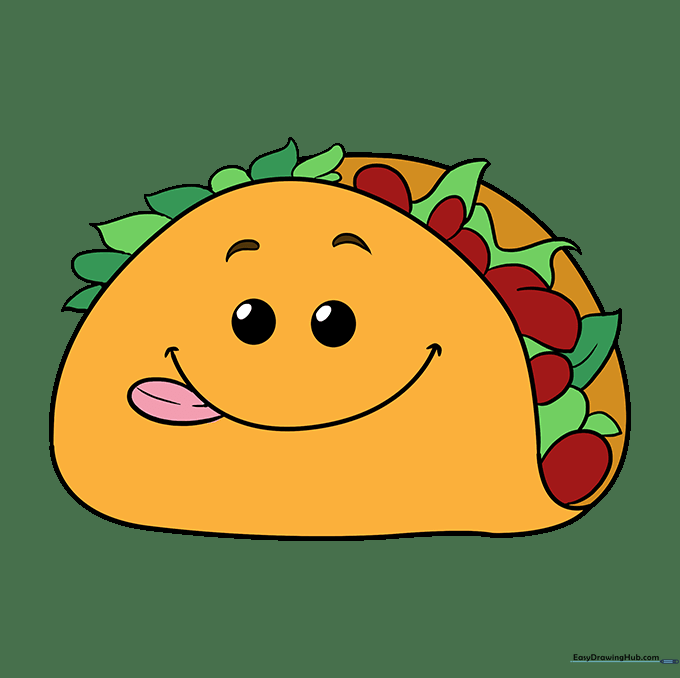 The final colored funny taco drawing with bright yellow shell and green lettuce.