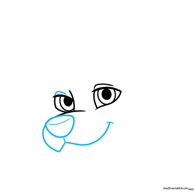 Pencil drawing of a character snout with a smiling mouth expression.