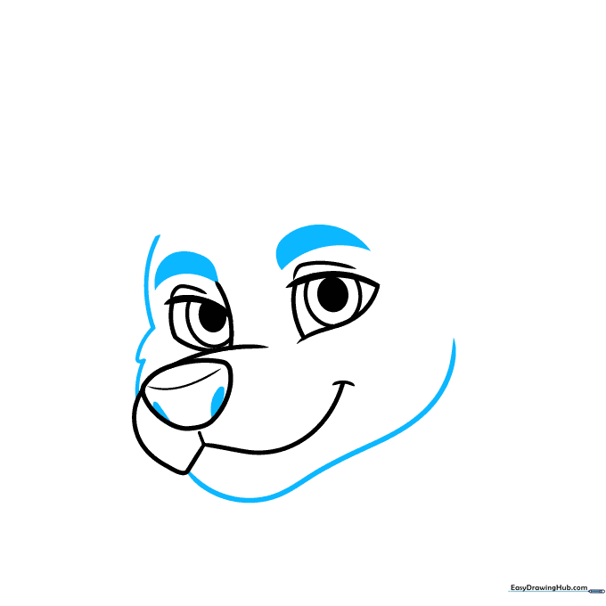 Sketch of the character's jawline and expressive eyebrows added above the eyes.