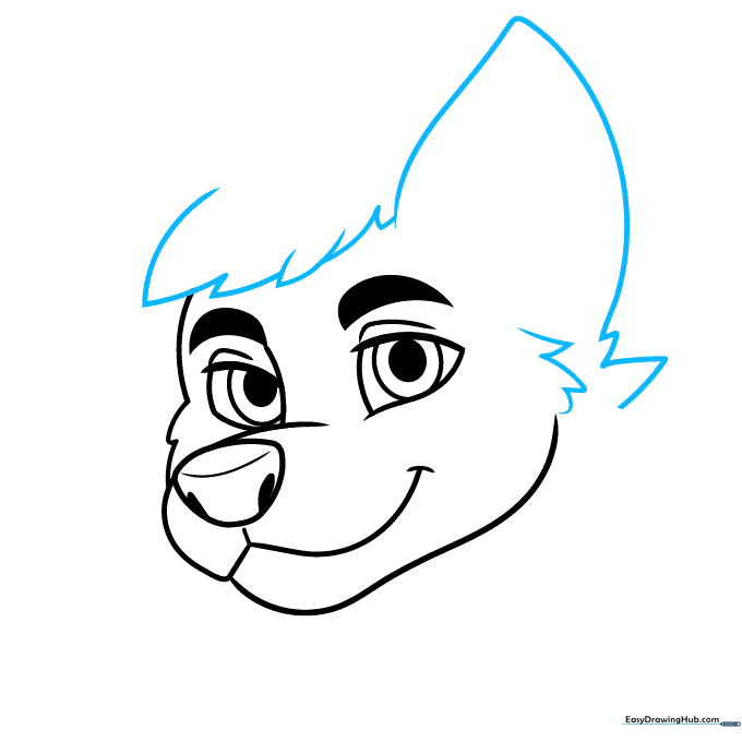 Drawing of a large, pointed animal ear with fur tufts at the base.