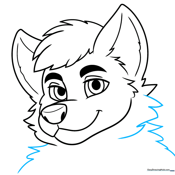 Sketch showing the addition of fur texture around the neck and shoulder area.
