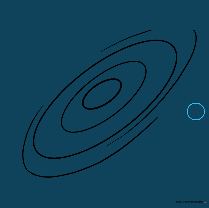 A small circle drawn near the galaxy to represent a foreground planet.