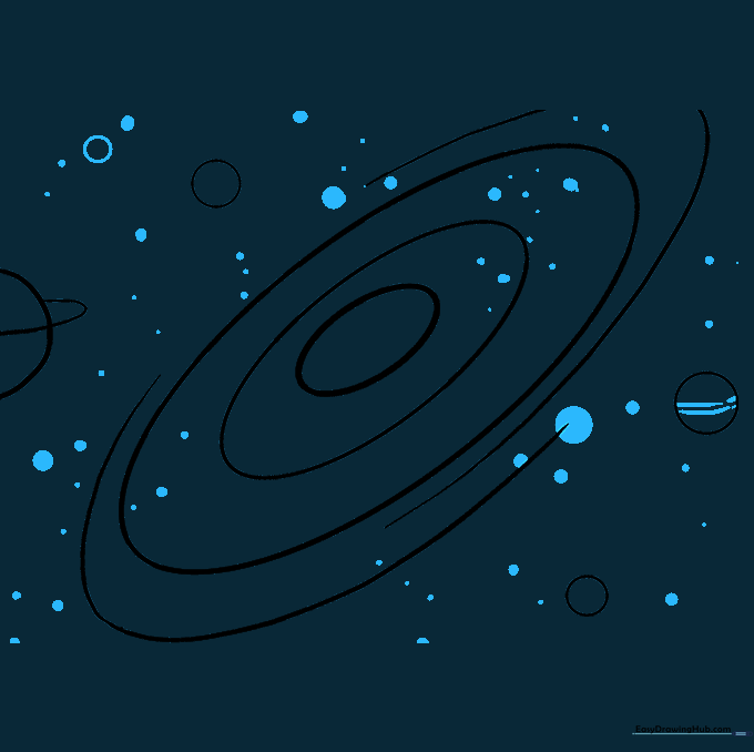 The drawing filled with various dots and small circles representing stars in deep space.