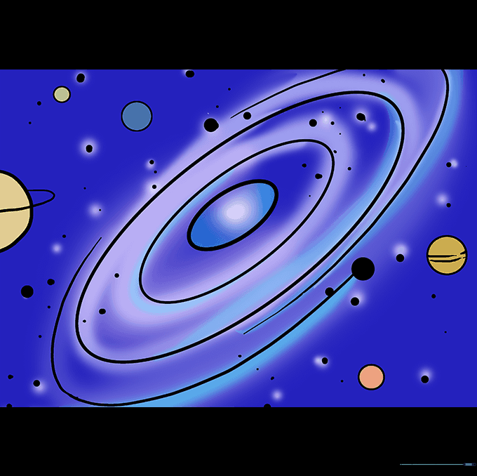 A fully colored galaxy drawing with deep blue space, purple spiral arms, and vibrant planets.