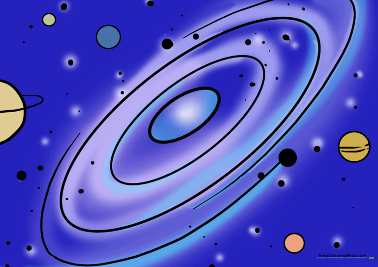 A colorful, finished drawing of a spiral galaxy with multiple planets and stars, showcasing a completed art project.