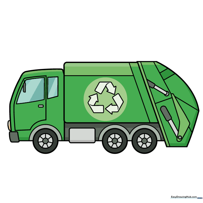 A fully colored, green cartoon garbage truck with a recycling symbol.