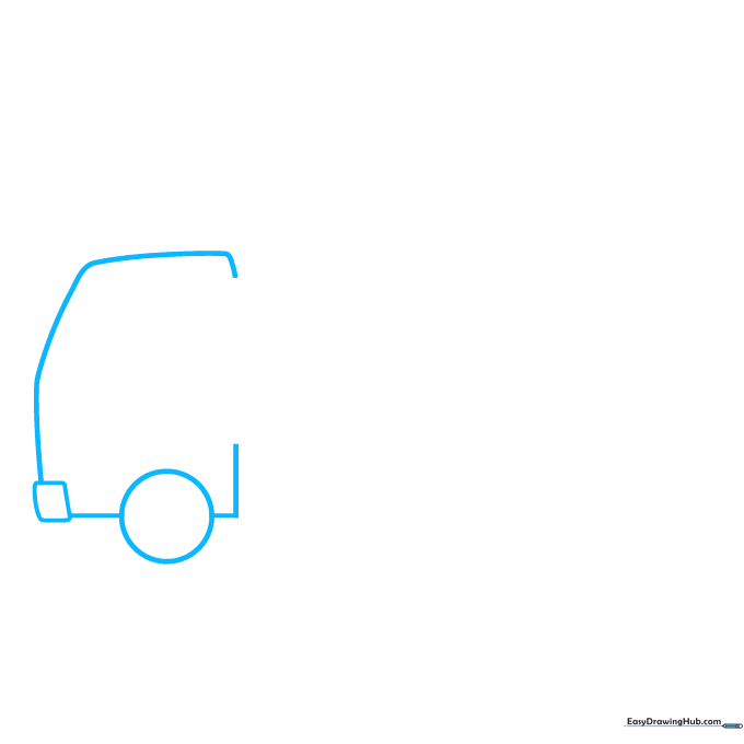 Pencil sketch showing a single circle for a wheel and a small square bumper for a garbage truck.