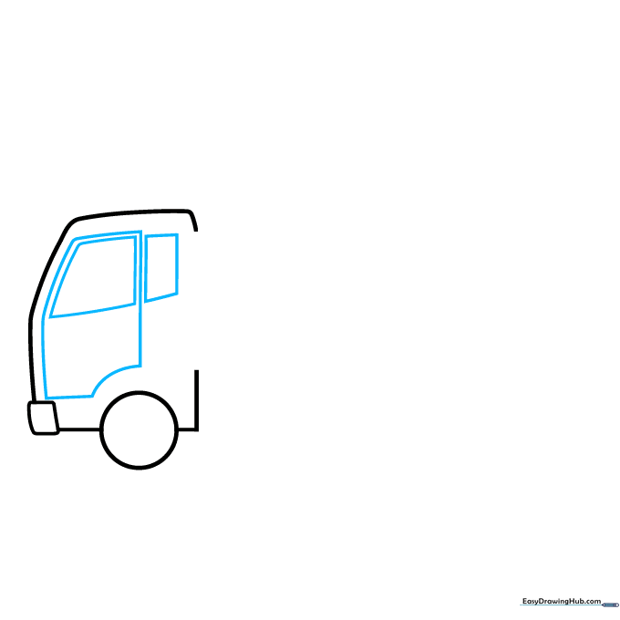 Drawing the rectangular cab and window shapes of a garbage truck.