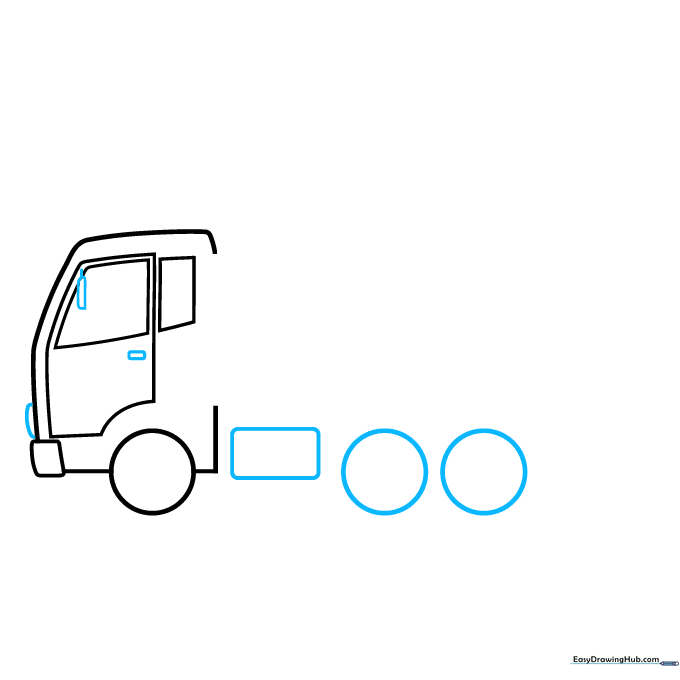 Adding side mirror, door handle, and two rear wheels to the garbage truck sketch.