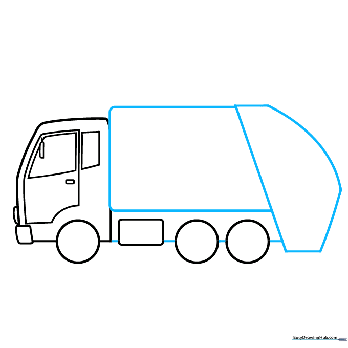 Outlining the large rectangular container section of the garbage truck.
