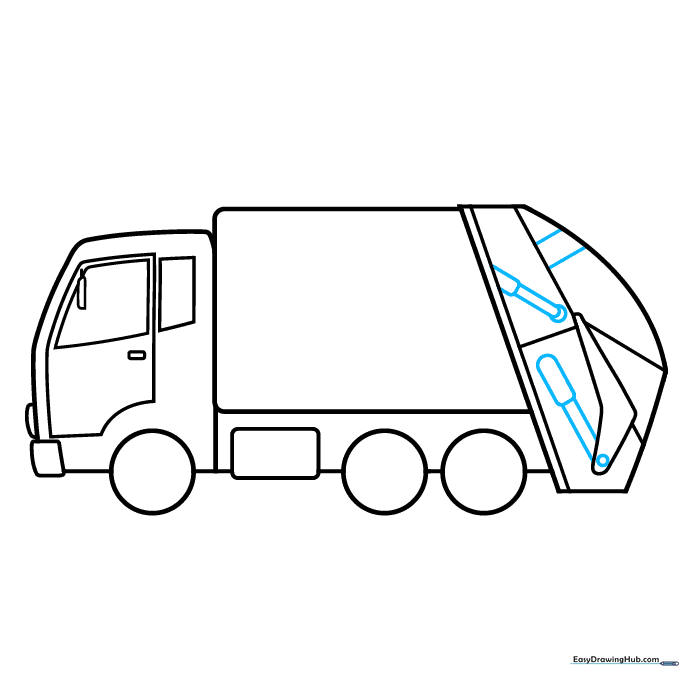 Drawing the mechanical lifting arms on the side of the garbage truck.
