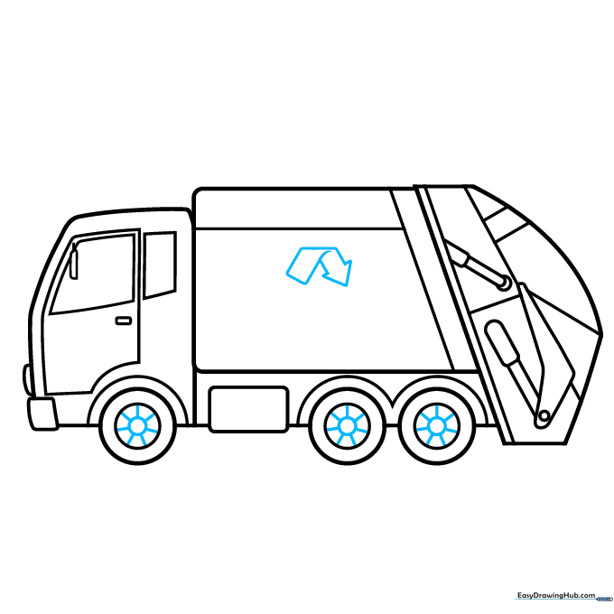 Adding wheel spokes and the beginning of the recycling symbol on the truck door.