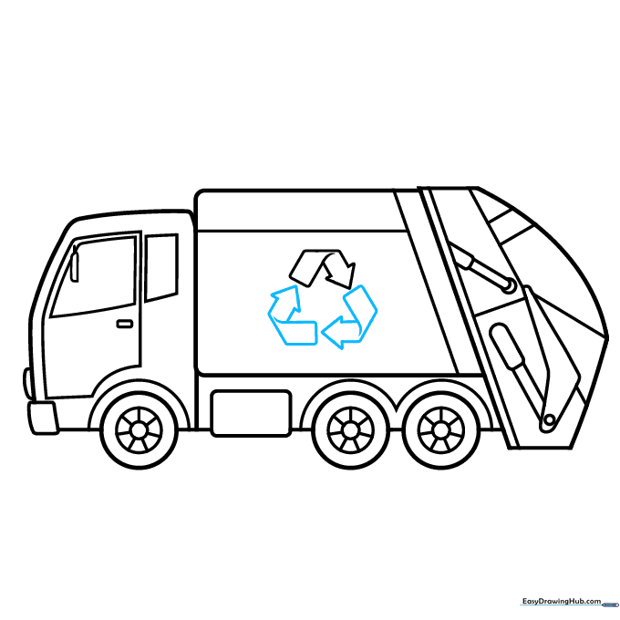 Finalizing the recycling symbol on the side of the garbage truck.