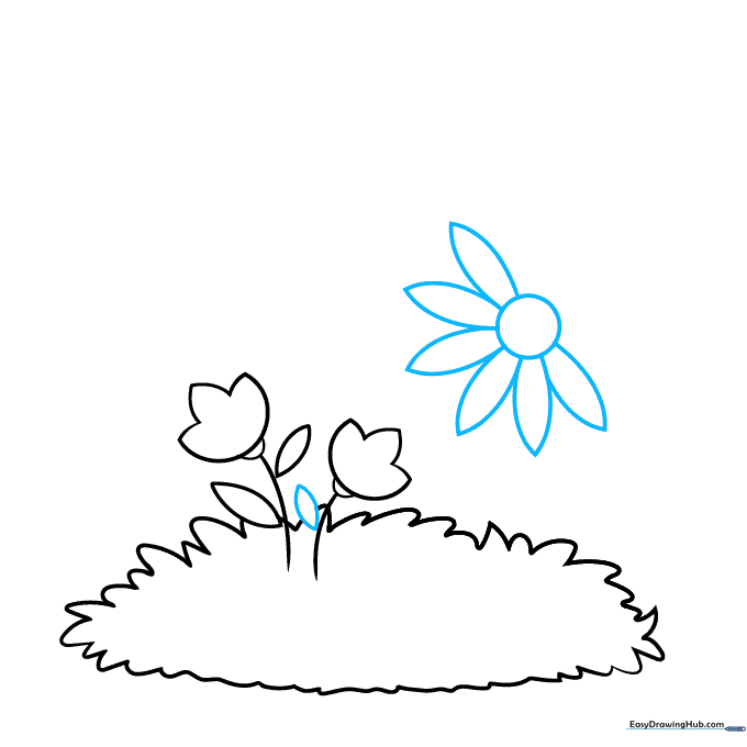A daisy flower taking shape with a central circle and several petal outlines.
