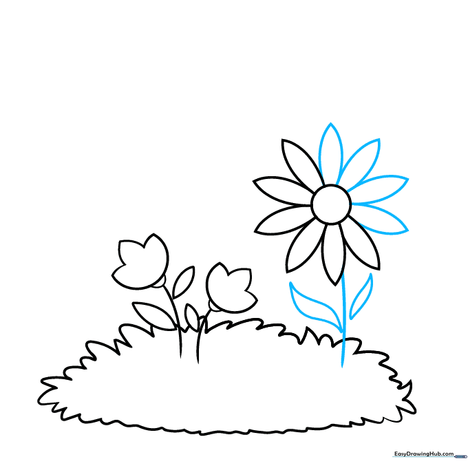 A completed daisy flower with a stem and leaves attached to the garden base.
