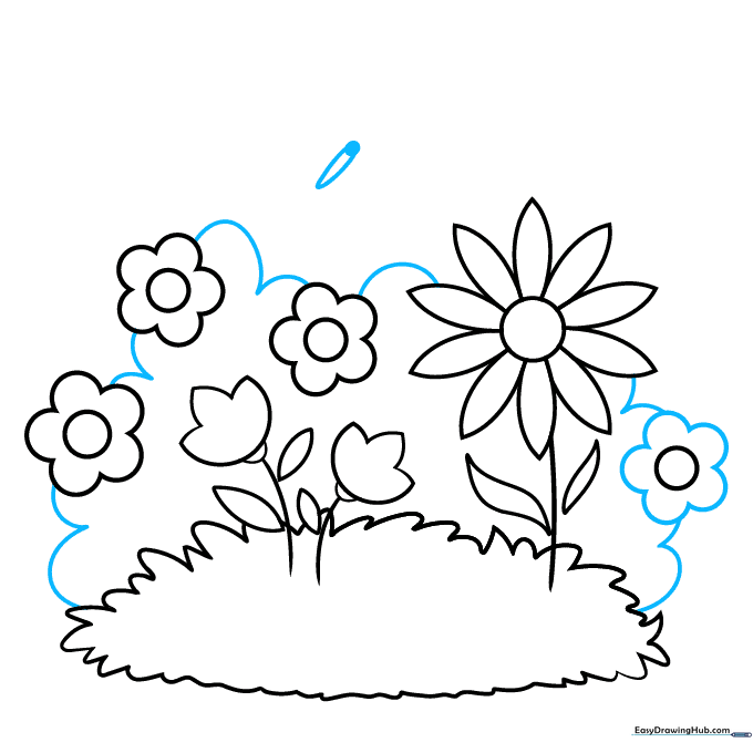 Background bushes added to the garden, plus the start of a butterfly hovering above.