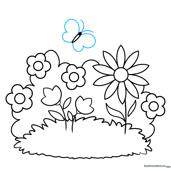 The completed garden drawing with a detailed butterfly flying above the flowers.