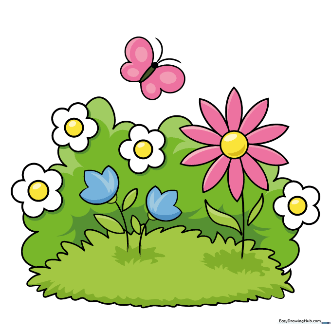A fully colored garden scene with bright flowers, green grass, and a colorful butterfly.