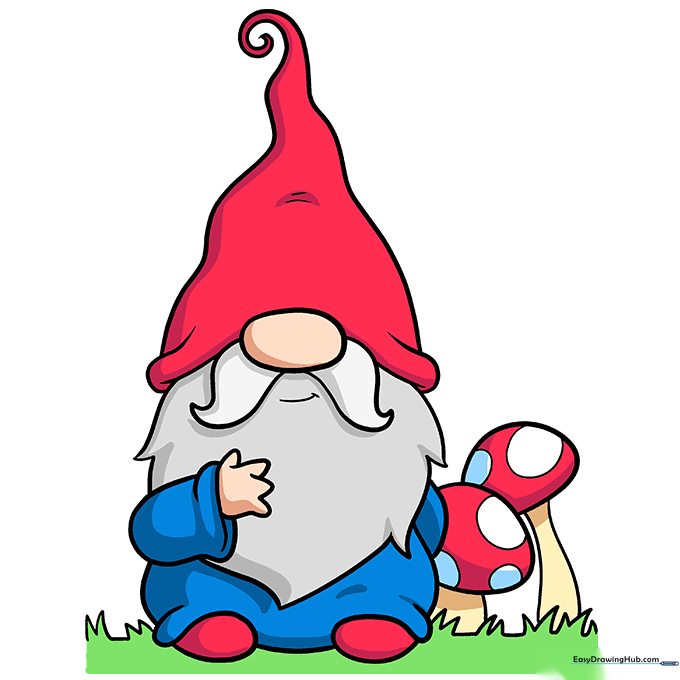 A fully colored garden gnome drawing with red hat and mushrooms.