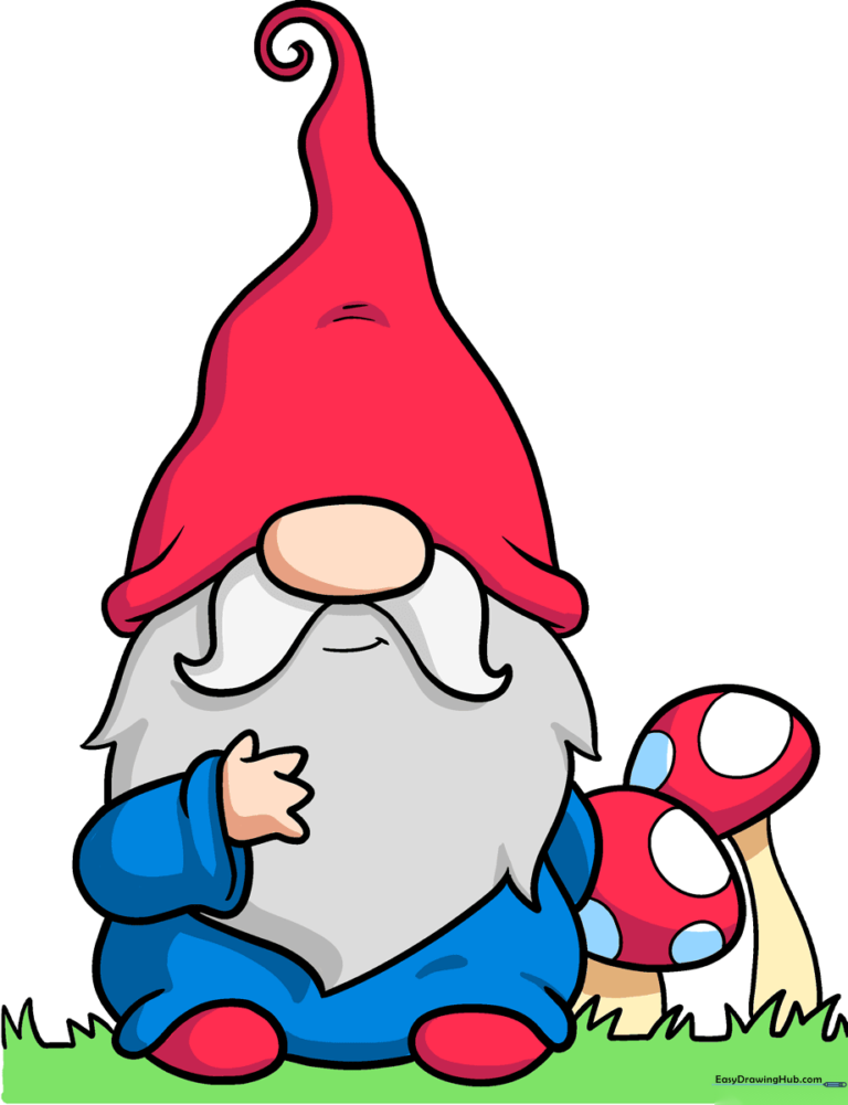 Finished colorful garden gnome drawing in a garden setting.