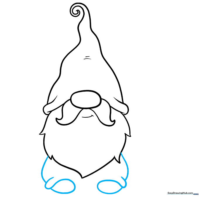 Sketching the gnome's torso and rounded feet.