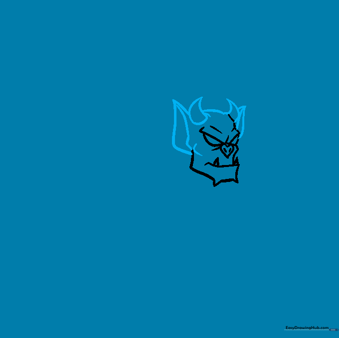Drawing of a gargoyle head with added pointed ears and horns.