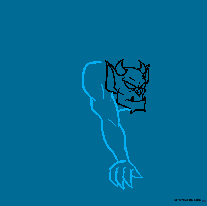 Gargoyle drawing showing the first muscular arm and hand with sharp claws.