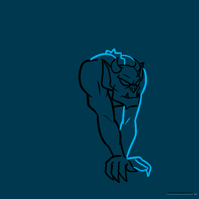 Gargoyle sketch showing both arms supporting the body and a spiky hunched back.